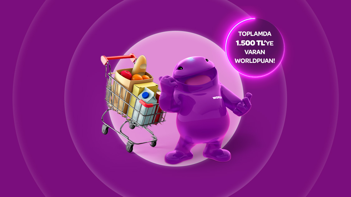 Gıda marketi, kasap, manav ve şarküteri sektörlerinde tek seferde yapacağınız ilk 2.000 TL ve üzeri alışverişinizden sonraki her 2.000 TL ve üzeri alışverişinize 100 TL, World Pay ile ödemelerde ek 25 TL, toplamda 1.500 TL’ye varan Worldpuan hediye!