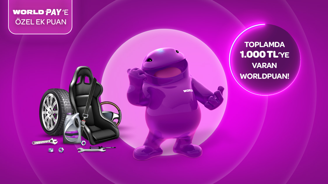 1-30 Kasım tarihleri arasında yapacağınız otomotiv lastik, yedek parça ve araç bakım sektöründeki harcamalarınıza  1.000 TL’ye varan Worldpuan!