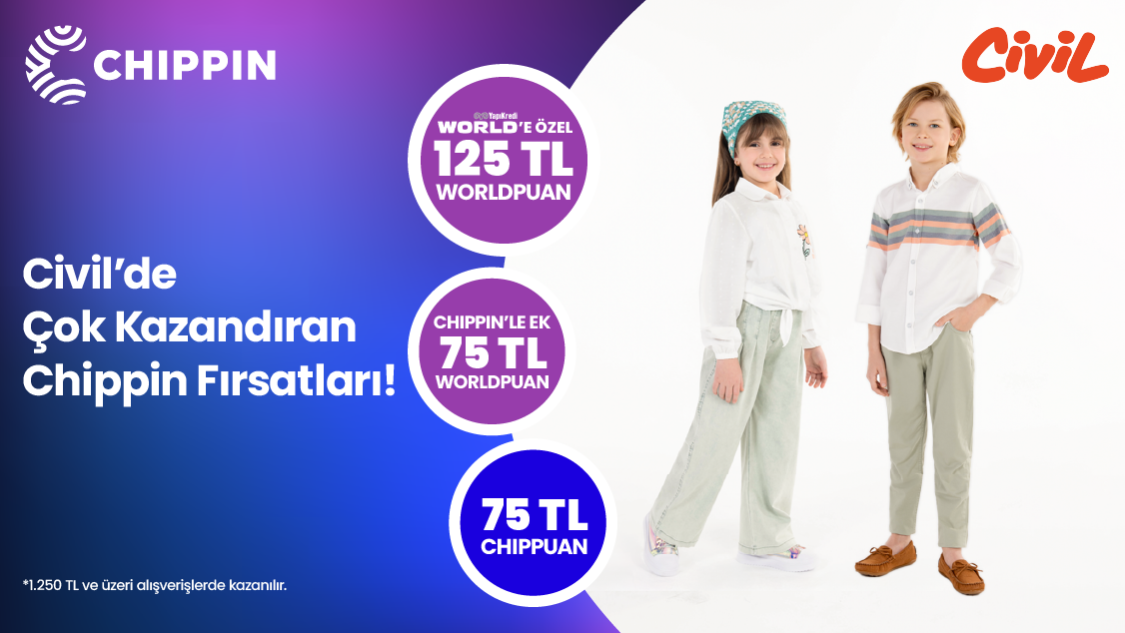 World’e özel Civil mağazalarından tek seferde yapılacak 1.250 TL ve üzeri alışverişe 125 TL değerinde Worldpuan! Üstelik Chippin uygulaması üzerinden yapacağınız 1.250 TL ve üzeri alışverişlere ek 75 TL değerinde Worldpuan ve 75 TL ChipPuan!