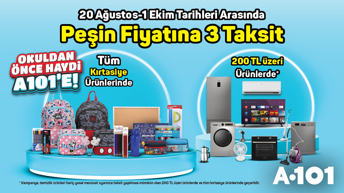 1 Ekim 2025 tarihine kadar A101 mağazalarından, a101.com.tr’den ve A101 uygulamasında peşin fiyatına 3 taksit fırsatını kaçırmayın!