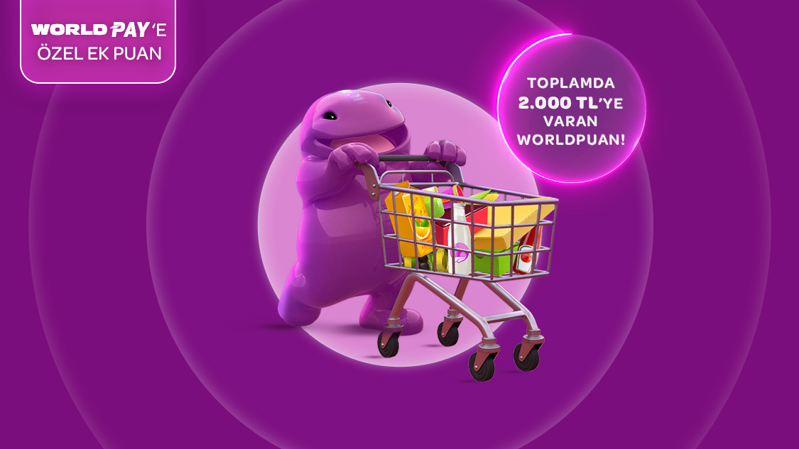 Ramazana özel gıda marketi, kasap, manav ve şarküteri sektörlerinde tek seferde yapacağınız ilk 2.000 TL ve üzeri alışverişinizden sonraki her 2.000 TL ve üzeri alışverişinize 100 TL, World Pay ile ödemelerde ek 25 TL, toplamda 2.000 TL’ye varan Worldpuan hediye!