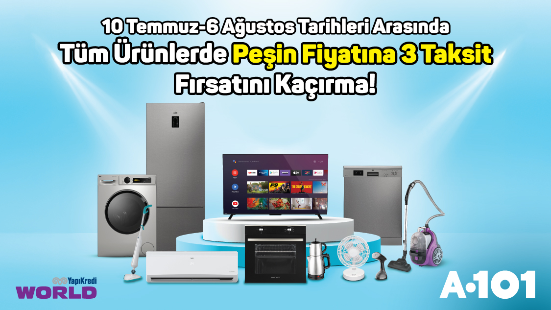 6 Ağustos 2025 tarihine kadar A101 mağazalarından, a101.com.tr’den ve A101 uygulamasından yapılacak 200 TL ve üzeri alışverişlerde peşin fiyatına 3 taksit fırsatını kaçırmayın!