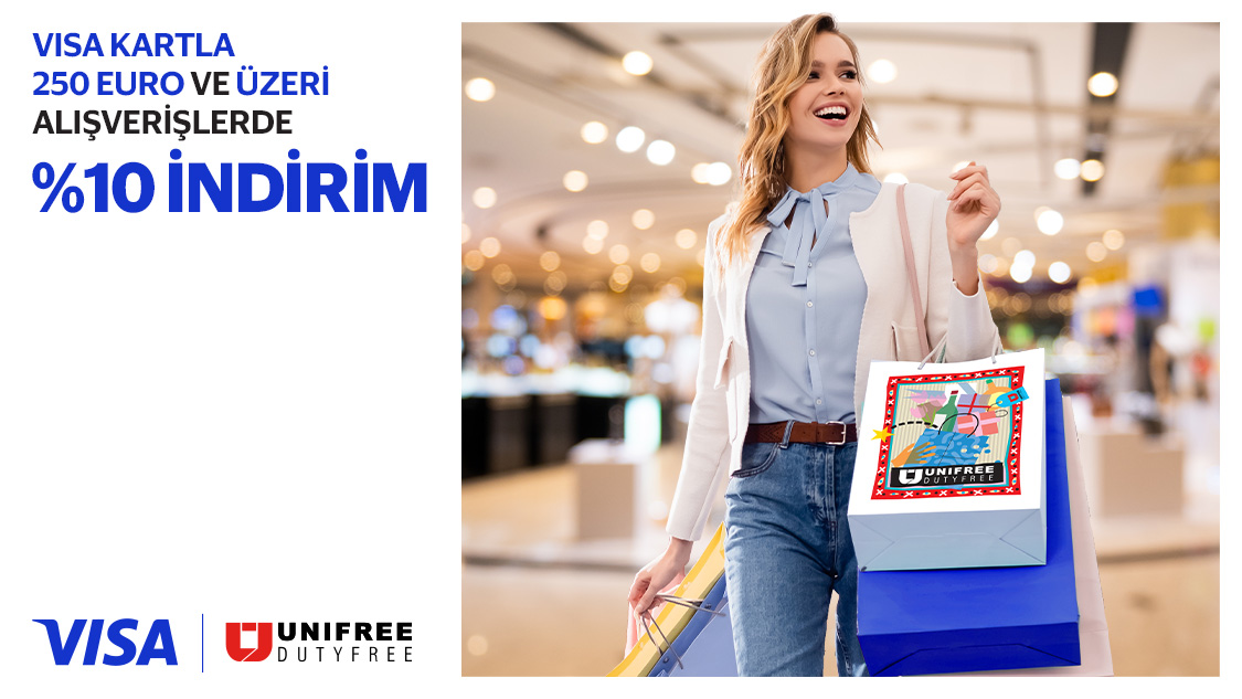 1 Ağustos – 31 Ekim 2025 tarihleri arasında Visa logolu Yapı Kredi banka kartı, ön ödemeli kart ve kredi kartı sahiplerine Unifree Dutyfree mağazalarında yapacakları 250 Euro ve üzeri harcamaya %10 indirim!