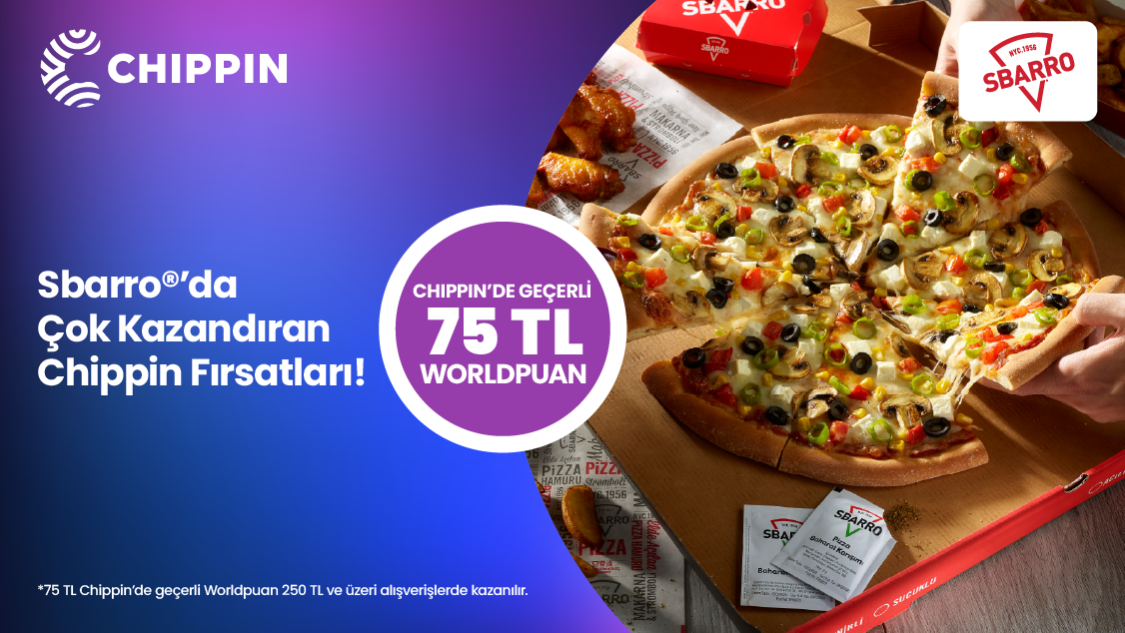 1-30 Nisan 2025 tarihleri arasında Sbarro restoranlarında yapılacak 250 TL ve üzeri alışverişe Chippin'de geçerli 75 TL Worldpuan kazanılacaktır.