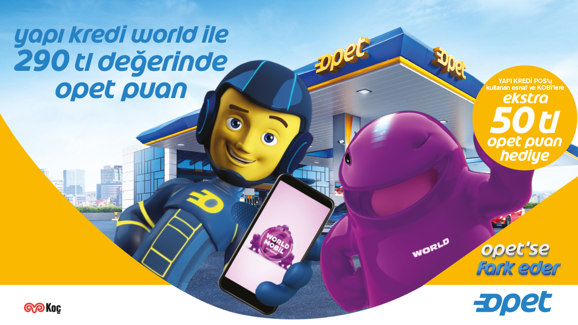 Opet ve Sunpet istasyonlarında 900 TL ve üzeri 4 harcamandan birini Araçta Öde veya World Pay ile gerçekleştir, 260TL’ye ek 30 TL, toplamda 290TL Yapı Kredi Opet Puan kazan!