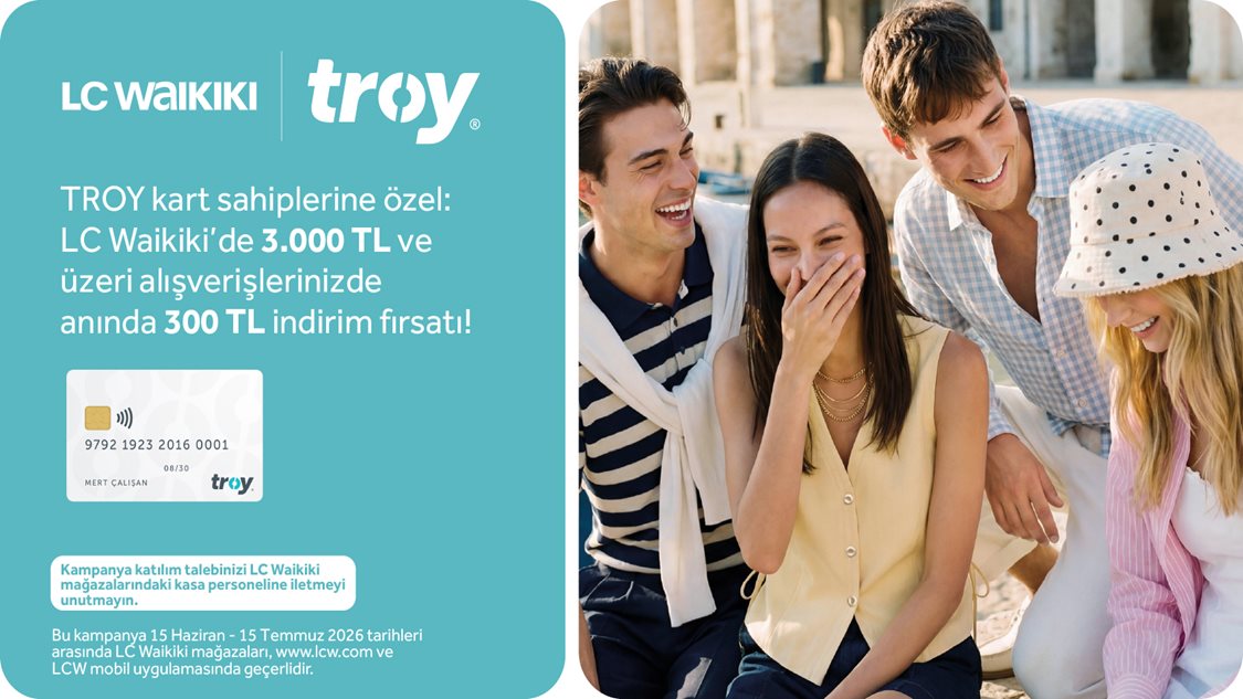 TROY kart ile LC Waikiki mağazaları, www.lcw.com ve LCW mobil uygulamasından tek seferde yapılacak 3.000 TL ve üzeri alışverişe anında 300 TL indirim fırsatı!