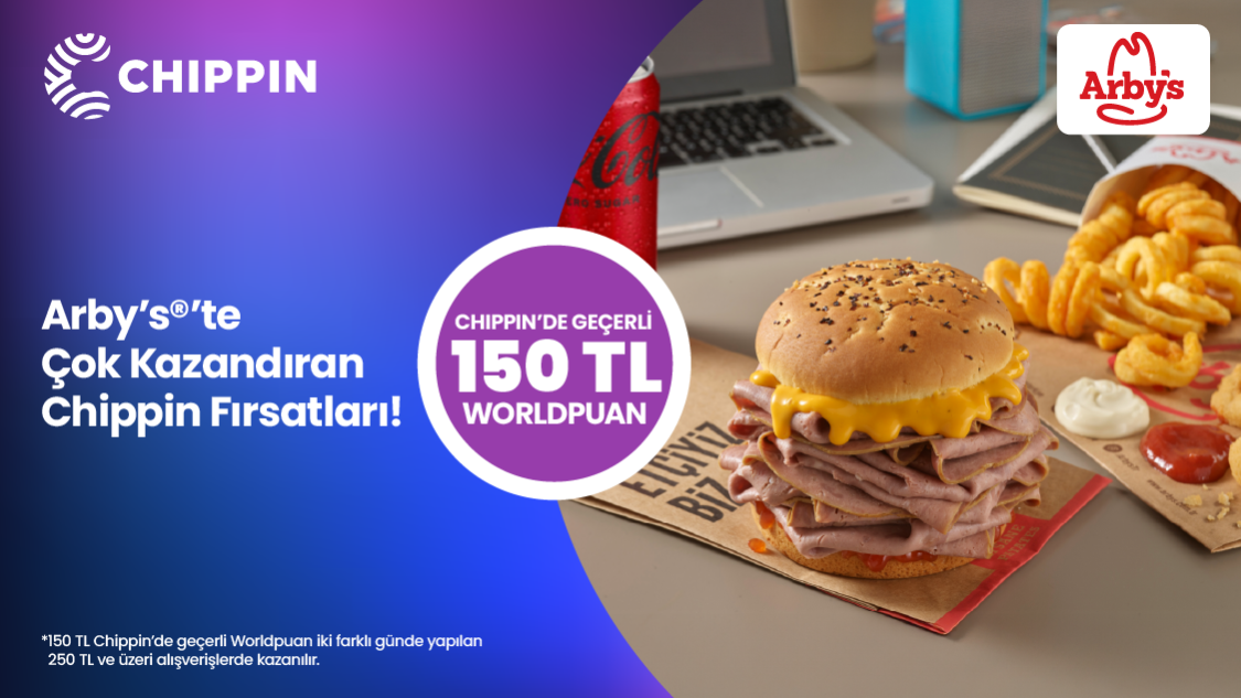 1-30 Nisan 2025 tarihleri arasında Arby's restoranlarında yapılacak 250 TL ve üzeri alışverişe Chippin'de geçerli 75 TL Worldpuan kazanılacaktır. 2 farklı günde yapılacak 250 TL’lik alışverişlerde toplamda Chippin'de geçerli 150 TL Worldpuan kazanılacaktır.
