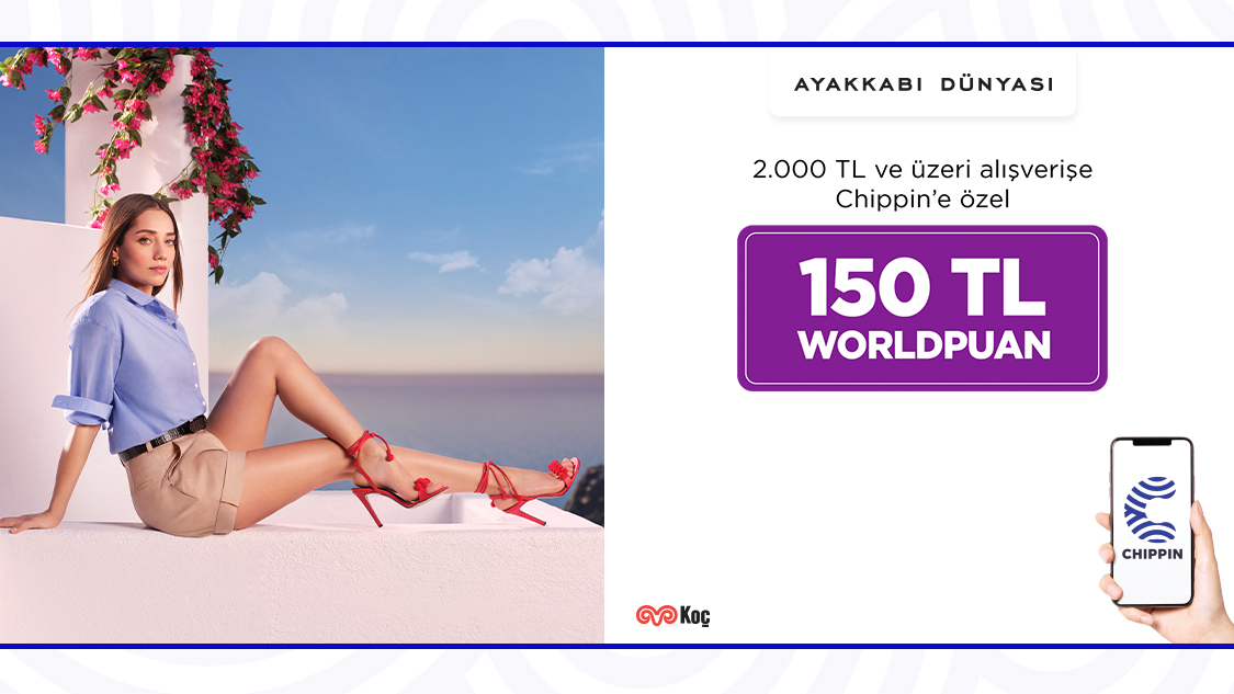 1-31 Ekim 2024 tarihleri arasında Ayakkabı Dünyası fiziki mağazalarında Chippin uygulaması üzerinden yapacağınız 2.000 TL ve üzeri alışverişlerinize sadece Chippin’de geçerli 150 TL Worldpuan!