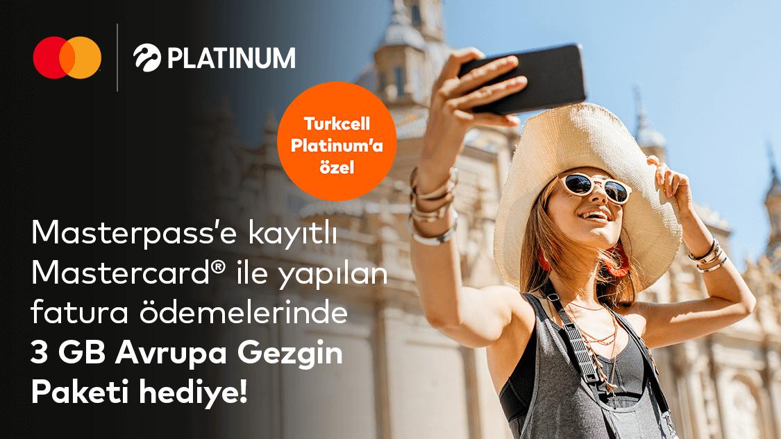 Masterpass’a kayıtlı Mastercard logolu Yapı Kredi banka kartı, ön ödemeli kart ve kredi kartı ile faturasını ödeyen Turkcell Platinum müşterilerine yurtdışında geçerli Avrupa Gezgin 3GB paketi hediye!