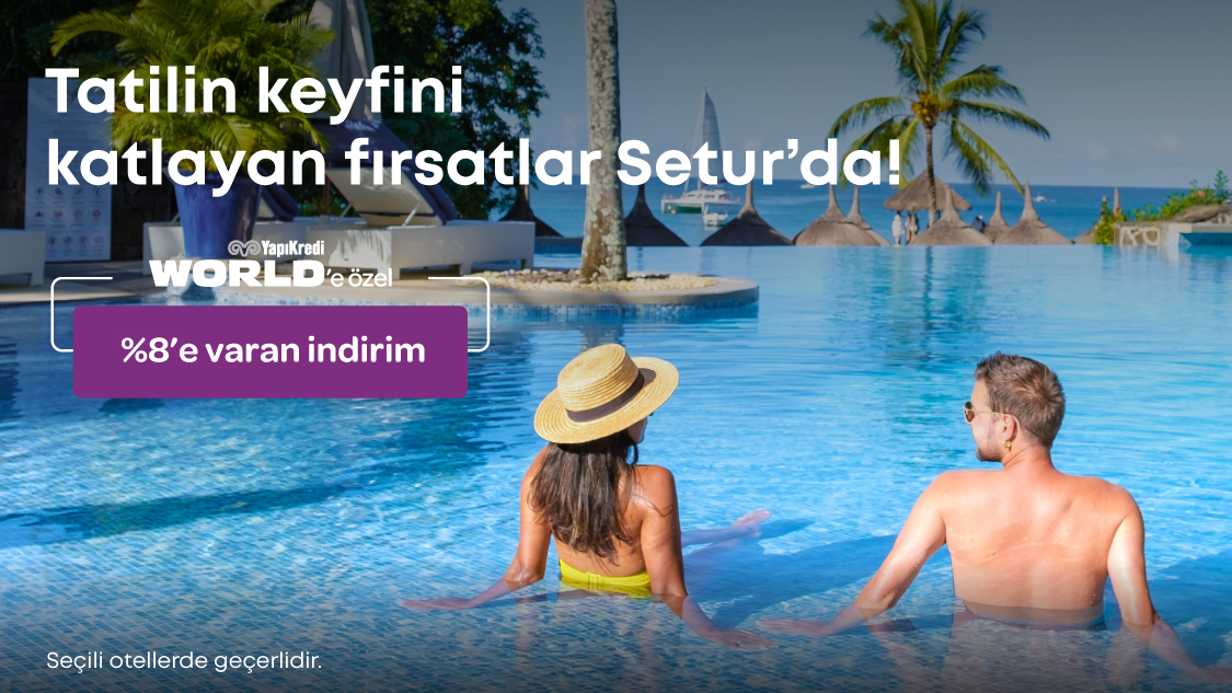World’e özel setur.com.tr ve Setur Mobil uygulaması üzerinden veya 444 28 22 nolu Çağrı Merkezi, Setur Şube ve Yetkili Satış Acentelerinden yapılacak seçili yurt içi otel rezervasyonlarına %8’e varan ek indirim!