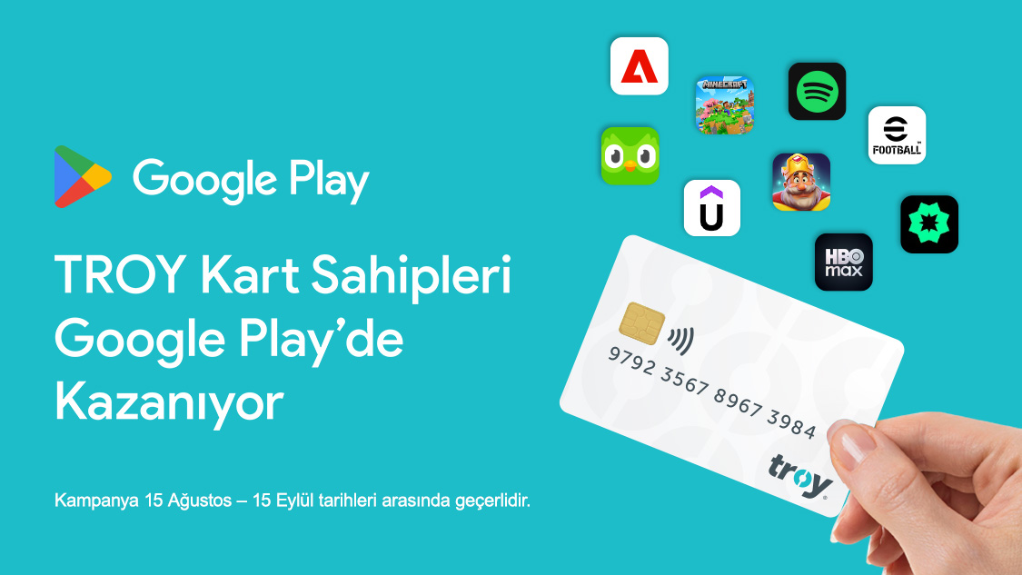 15 Ağustos-15 Eylül tarihleri arasında TROY logolu Yapı Kredi Kartları ile seçili Google Play uygulamalarında ilk ödemede %50 indirim, toplamda 100 TL’ye varan iade kazan!