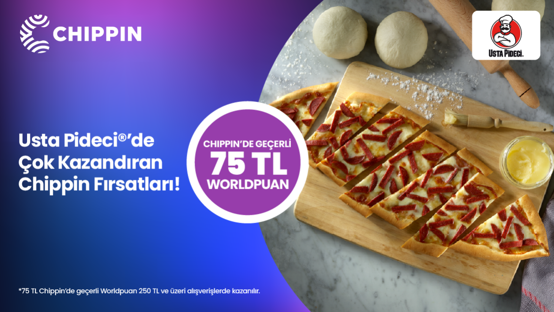 1-30 Nisan 2025 tarihleri arasında Usta Pideci restoranlarında yapılacak 250 TL ve üzeri alışverişe Chippin'de geçerli 75 TL Worldpuan kazanılacaktır.