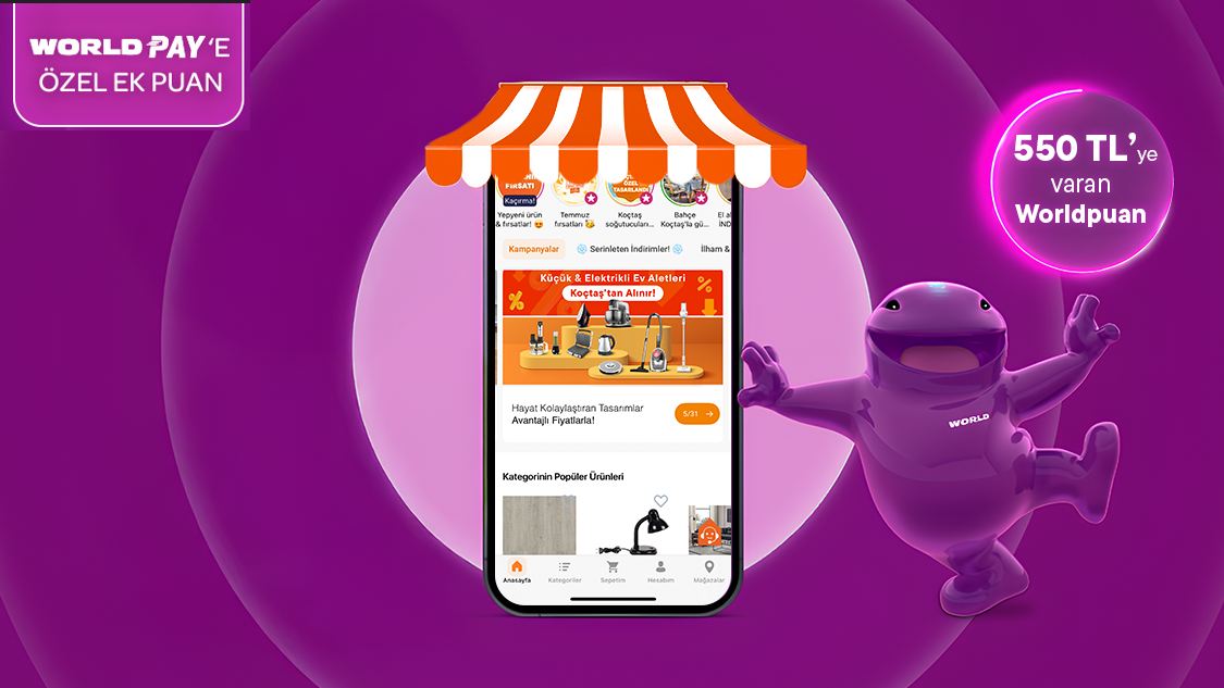 Koctas.com.tr ve Koçtaş mobil uygulamasından yapacağınız  3.500 TL ve üzeri alışverişte 350 TL, World Pay ile ek 200 TL toplamda 550 TL’ye varan Worldpuan fırsatını kaçırmayın!