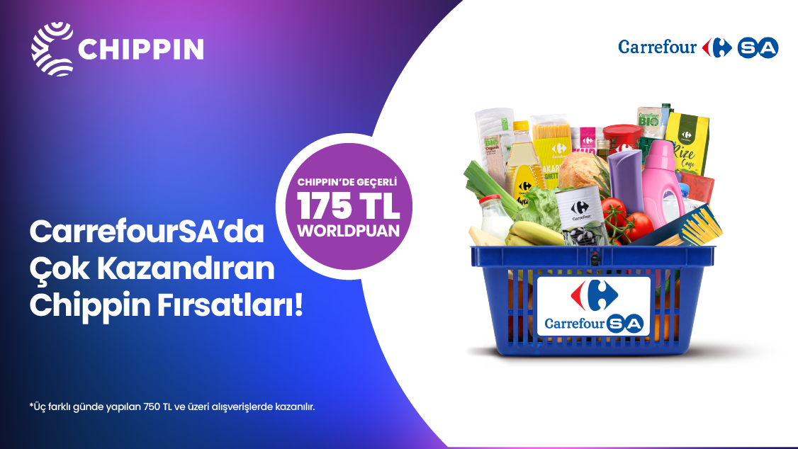 Chippin uygulaması üzerinden 1-30 Nisan 2025 tarihleri arasında CarrefourSA marketlerinden 3 farklı günde yapacağınız 750 TL ve üzeri alışverişinize Chippin’de geçerli 175 TL Worldpuan!
