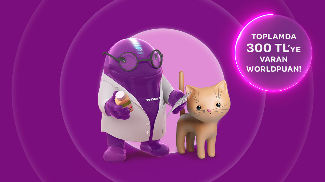 1.500 TL ve üzeri petshop ve veteriner harcamalarınıza 100 TL, toplamda 300 TL Worldpuan!