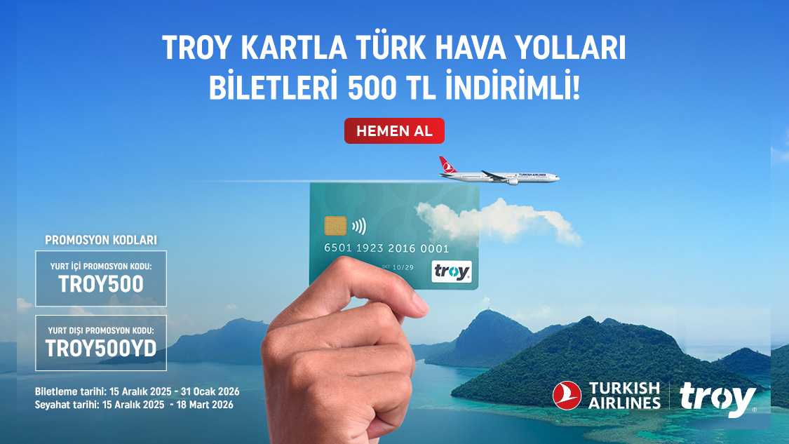 Troy logolu Yapı Kredi banka kartı, ön ödemeli kart veya kredi kartı ile Türk Hava Yolları web sitesi veya mobil uygulaması üzerinden indirim kodu ile yapılacak yurt içi veya Türkiye çıkışlı yurt dışı bileti ödemelerinde her bir bilet için 500 TL indirim!