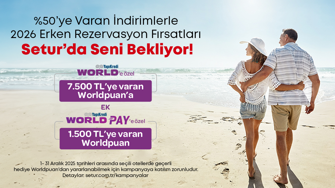1-31 Aralık 2025 tarihleri arasında seçili yurt içi, Kuzey Kıbrıs otel, yurt dışı tur ve kültür turu rezervasyonlarınızda peşin, 3 taksitli veya 6 taksitli alışverişlerde 9.000 TL’ ye varan Worldpuan! 