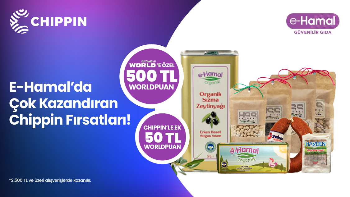 e-Hamal.com’da 2.500 TL alışverişe 500 TL Worldpuan ve Özgün 1 litre Ayvalık Zeytinyağı hediye! Chippin uygulaması üzerinden yapacağınız alışverişlerinize ek 50 TL Worldpuan!