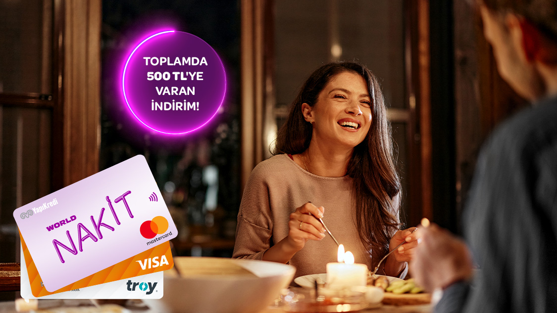 10-31 Mart 2026 tarihleri arasında World Nakit Dijital, World Nakit, Play Nakit ön ödemeli kartlar ile farklı günlerde yapacağınız her 500 TL ve üzeri restoran harcamanıza 50 TL, toplamda 500 TL’ye varan indirim!