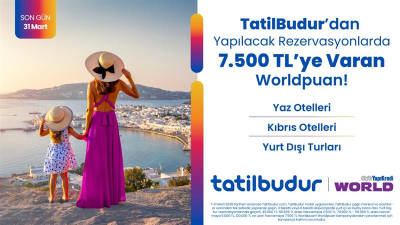 1-31 Mart 2026 tarihleri arasında Tatilbudur.com, TatilBudur mobil uygulaması ,TatilBudur çağrı merkezi ve acenteler üzerinden  tek seferde yapılacak peşin, 3 taksitli veya 6 taksitli alışverişlerde yurt içi ve Kuzey Kıbrıs otel, yurt dışı tur rezervasyonlarında geçerli; 45.000 TL-69.999 TL arası harcamaya 2.500 TL, 70.000 TL - 119.999 TL arası harcamaya 5.000 TL, 120.000 TL ve üzeri harcamaya 7.500 TL Worldpuan!
