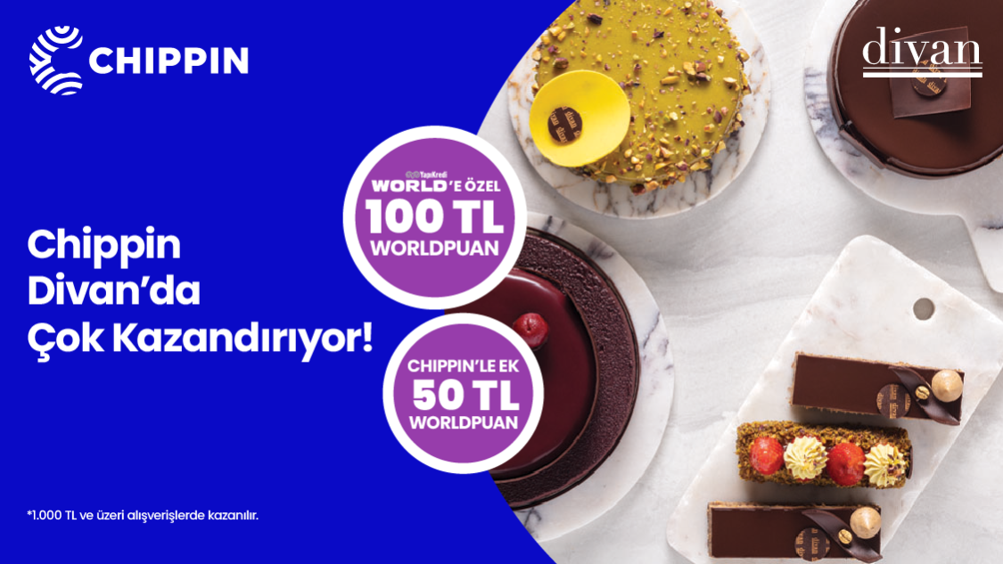 1-31 Mayıs 2025 tarihleri arasında World kampanyası kapsamında www.divanpastaneleri.com.tr'den tek seferde yapılacak 1.000 TL ve üzeri alışverişlerinizde 100 TL Worldpuan kazanılacaktır. Chippin uygulaması üzerinden www.divanpastaneleri.com.tr'den yapacağınız alışverişlerinize ise ek 50 TL Worldpuan verilecektir. 