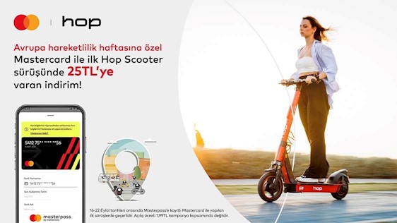 Masterpass’e kayıtlı Mastercard logolu Yapı Kredi kartları ile Avrupa Hareketlilik haftasına özel İlk Hop Scooter sürüşünde 25 TL’ye varan indirim!